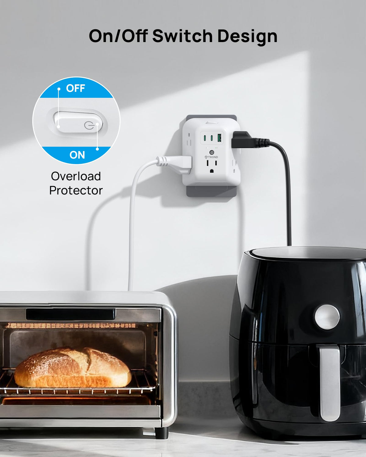 TROND side-angled design prevents blocking adjacent sockets when using bulky plugs.