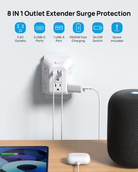 TROND outlet extender shows USB-C ports in use for fast charging compatible devices.