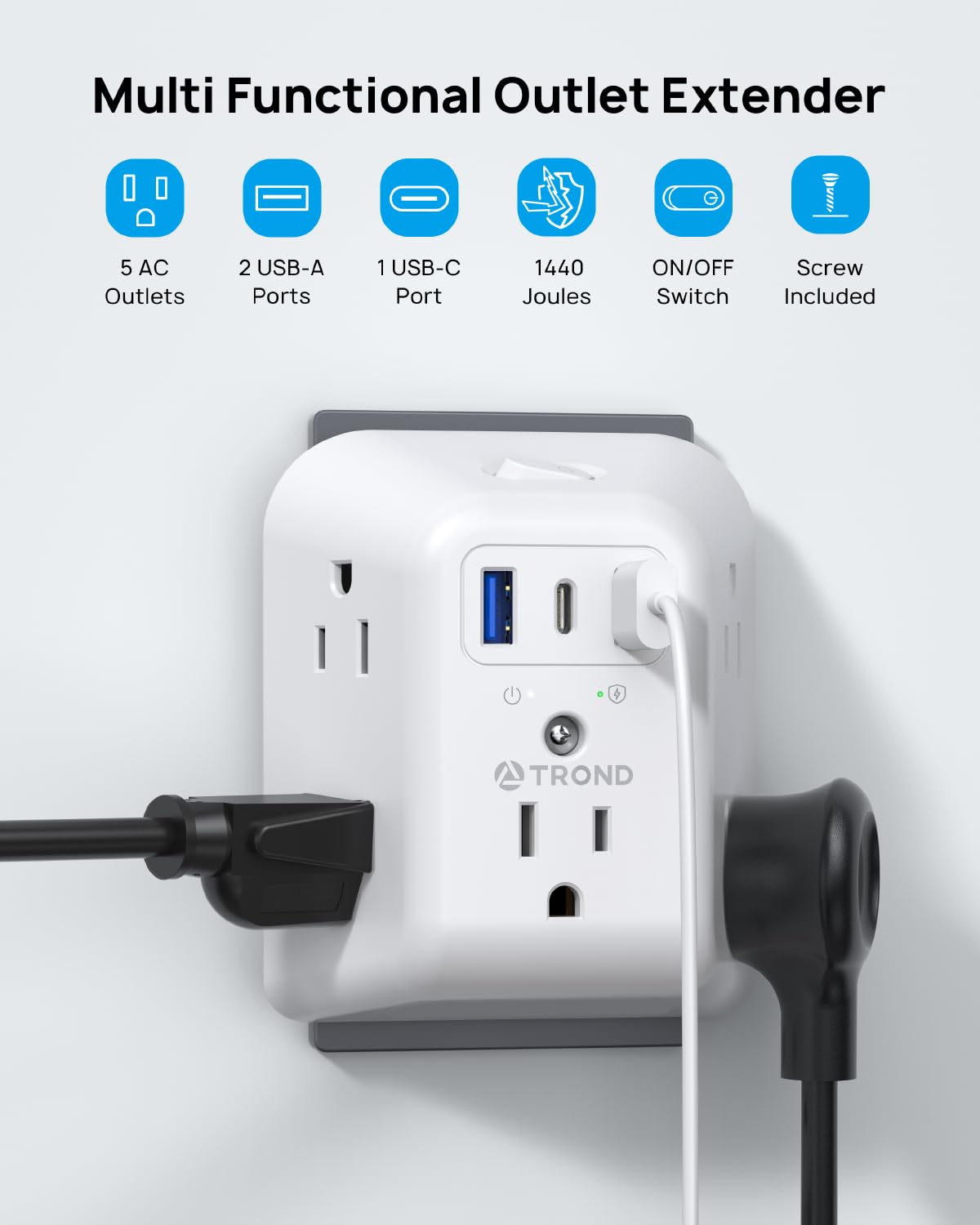 TROND multi plug outlet-5-outlets clearly shows a compact charging hub.