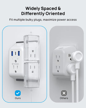 TROND multi plug outlet-3-sided-design supports large plugs without blocking others.