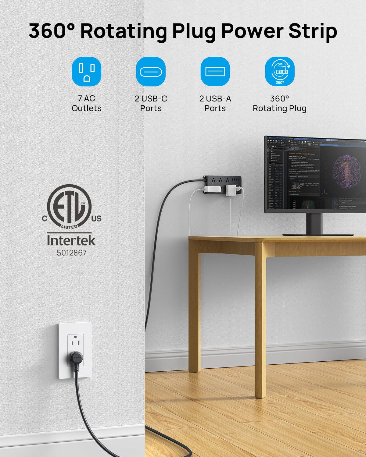TROND detail of widely spaced AC outlets and USB-A/USB-C ports to fit large adapters