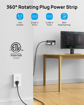 TROND detail of widely spaced AC outlets and USB-A/USB-C ports to fit large adapters