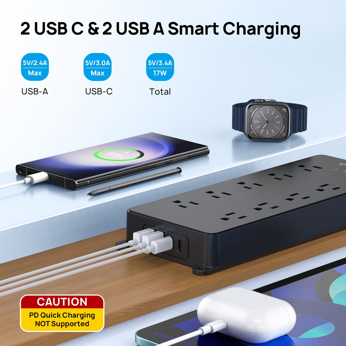 TROND widely spaced outlets layout for plugging large adapters without blocking