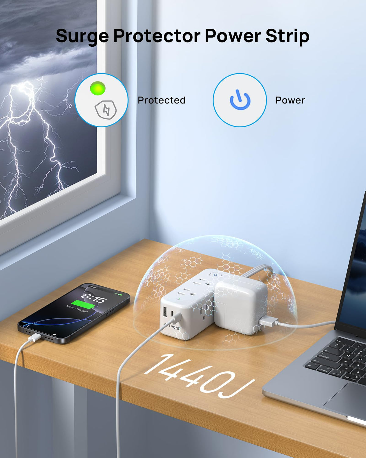 TROND power strip 1440J surge protection safeguards electronics from surges