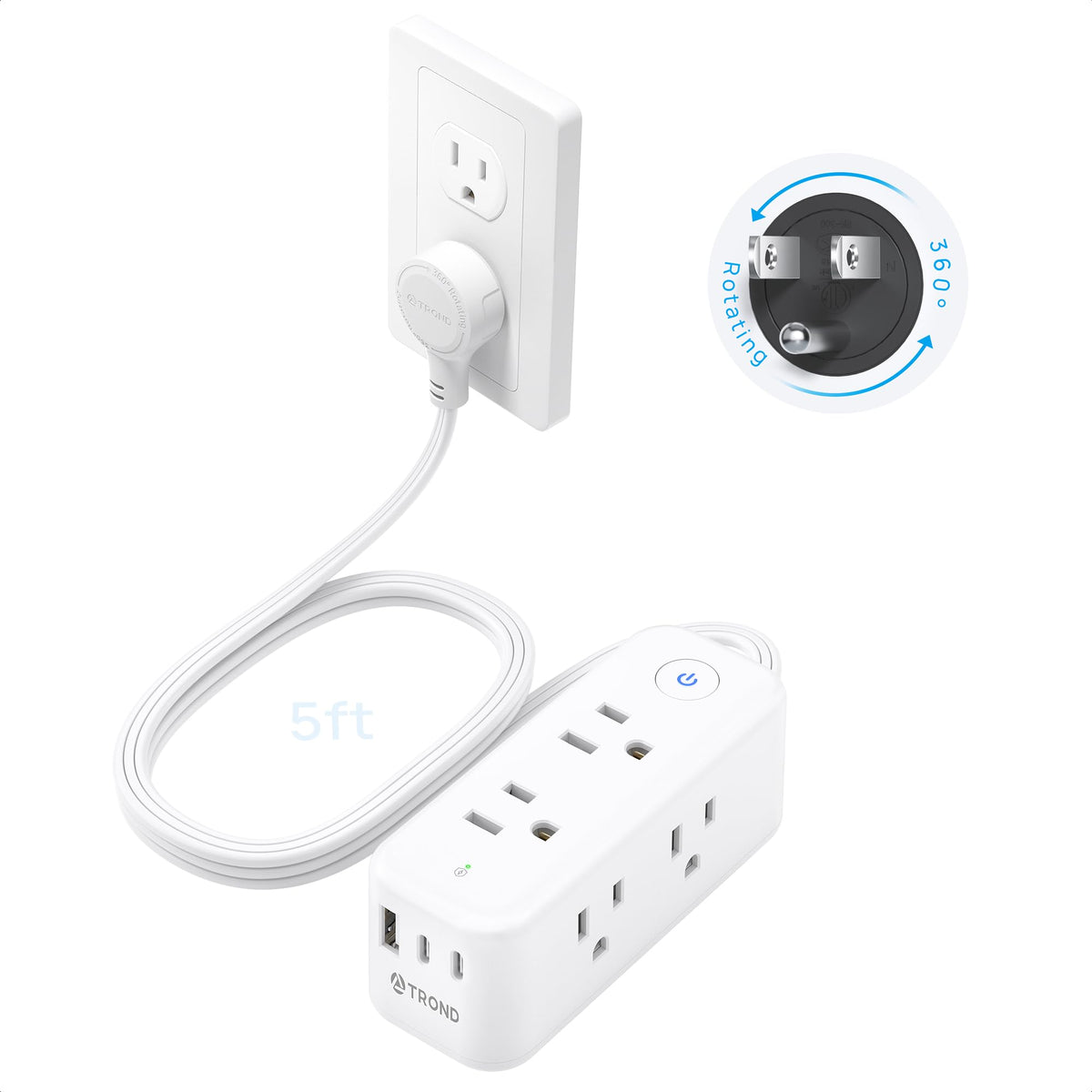 TROND power strip with 360-degree rotating flat plug for easy outlet access