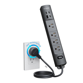 TROND power strip with a 360° rotating plug for flexible wall placement.