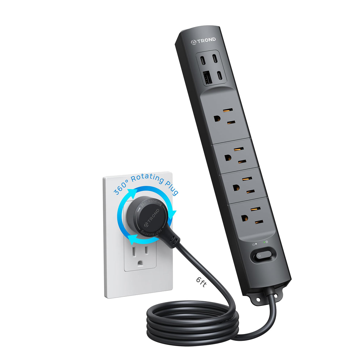 TROND power strip with 360-degree rotating plug for flexible wall placement