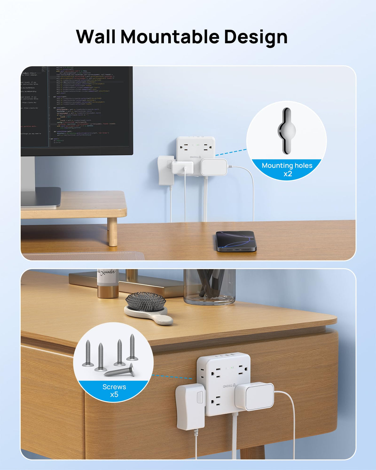 TROND compact 3 ft flat extension reaching behind furniture without blocking outlets