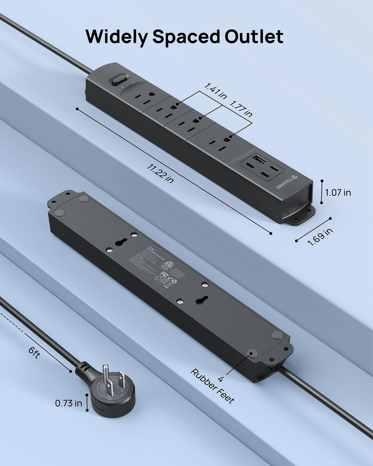 TROND power strip with a long 6-foot extension cord for flexible reach