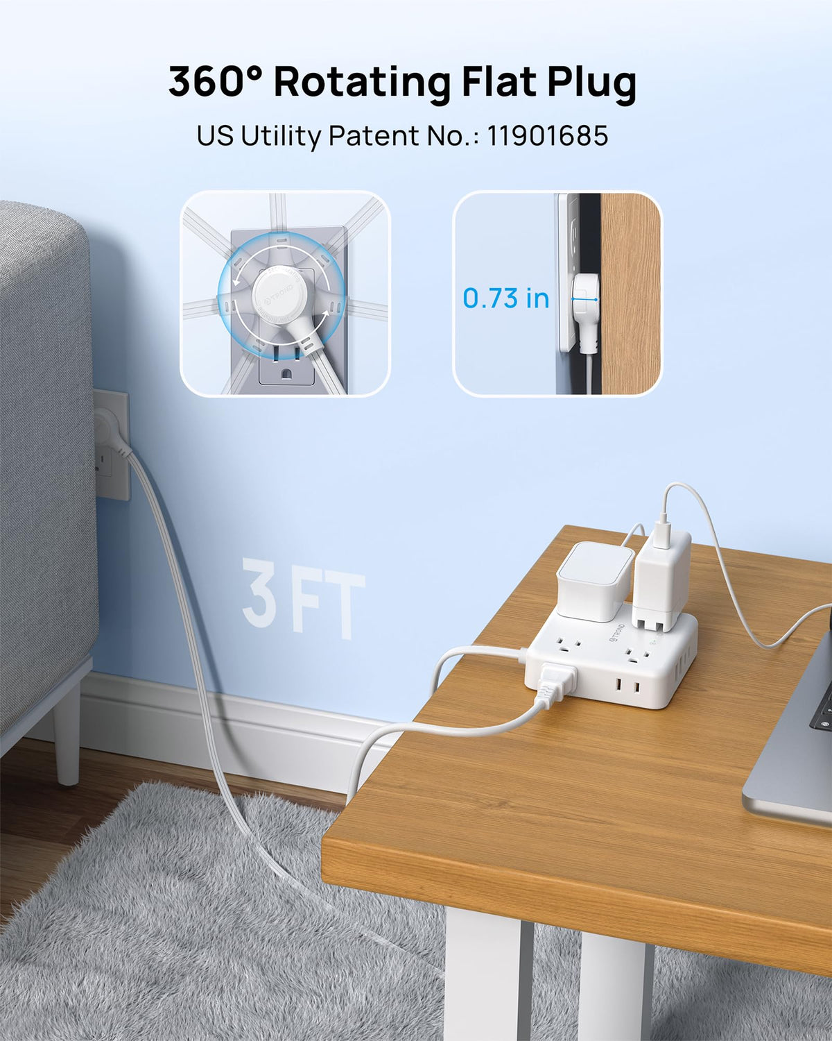 TROND power strip showing 8 outlets and 4 USB ports for versatile charging