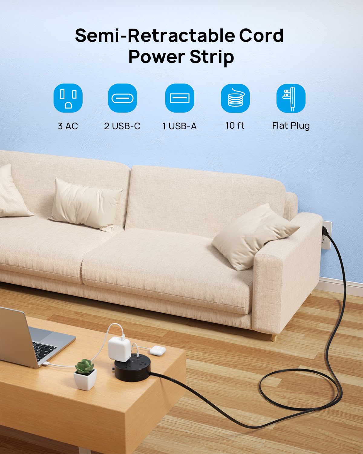 TROND flat-plug design power strip shown with three AC outlets.
