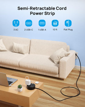 TROND flat-plug design power strip shown with three AC outlets.