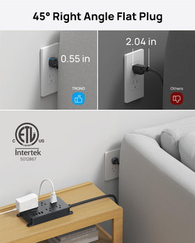 TROND flat-plug design reduces cord clutter and keeps outlets accessible.
