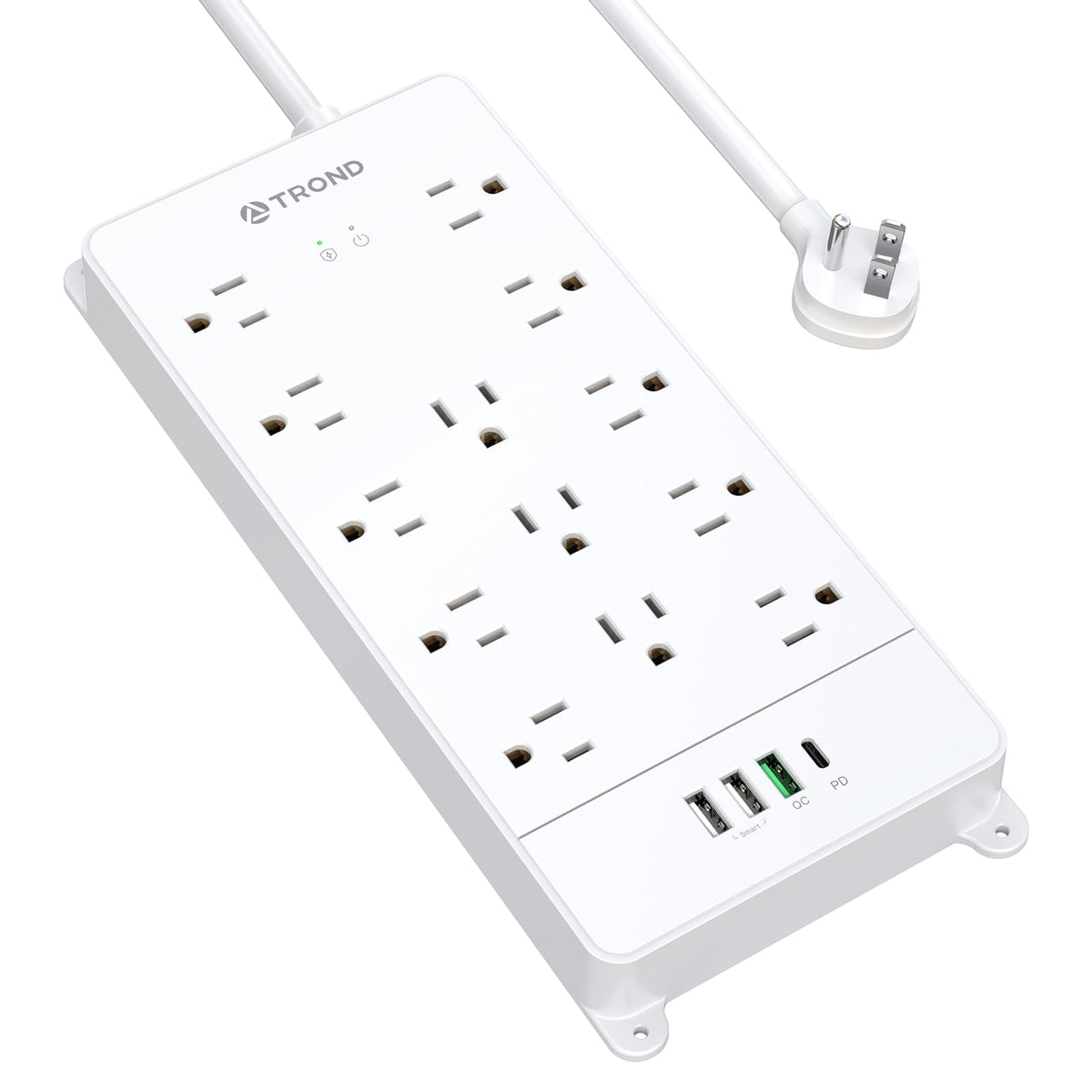 TROND power strip front view showing 13 outlets and USB ports for versatile charging