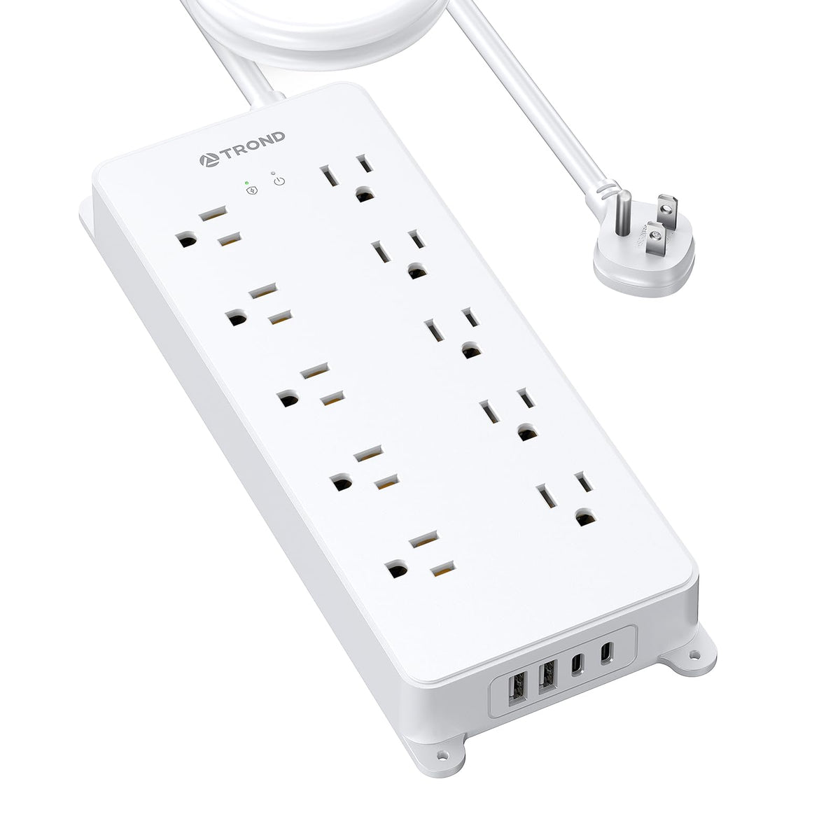 TROND power strip front view showing ten outlets and USB ports for versatile charging