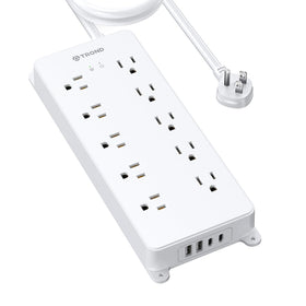 TROND power strip front view showing ten outlets and USB ports for versatile charging