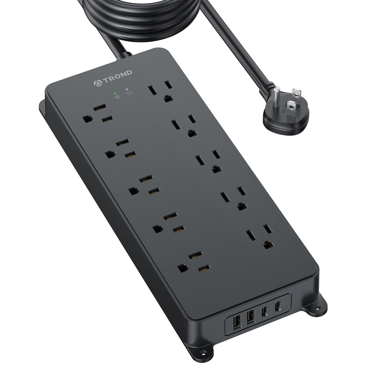 TROND power strip front view showing outlets and USB ports for organized charging