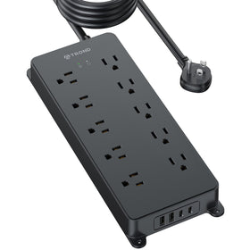 TROND power strip front view showing outlets and USB ports for organized charging