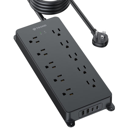 TROND power strip front view showing outlets and USB ports for organized charging
