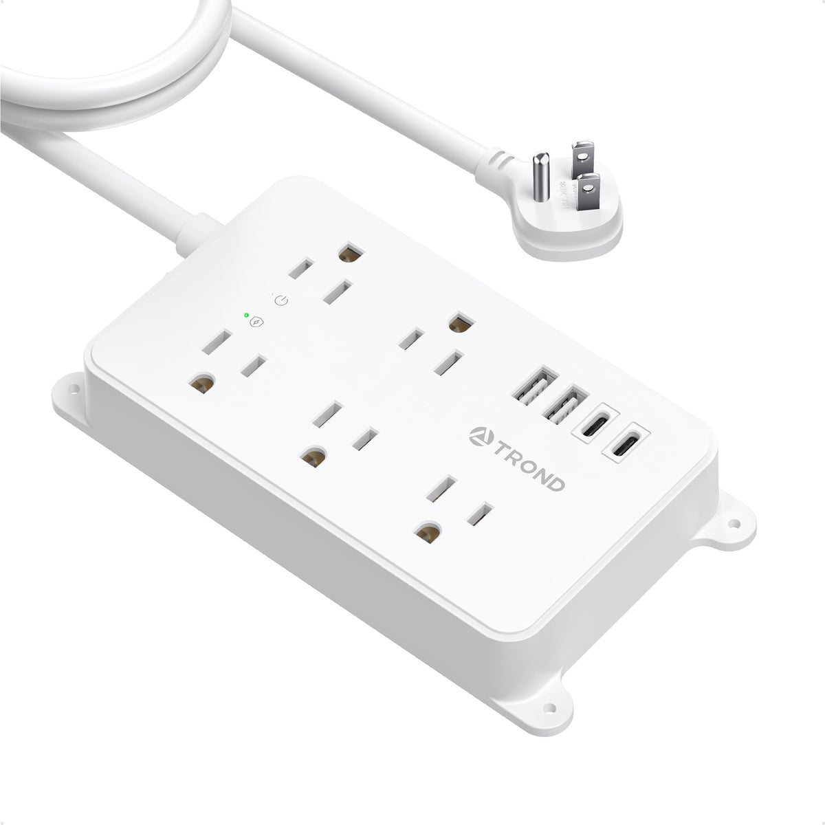 TROND front view showing all five outlets and four USB ports for organized power