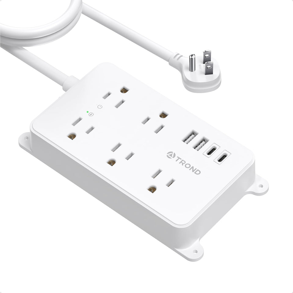TROND front view showing all five outlets and four USB ports for organized power