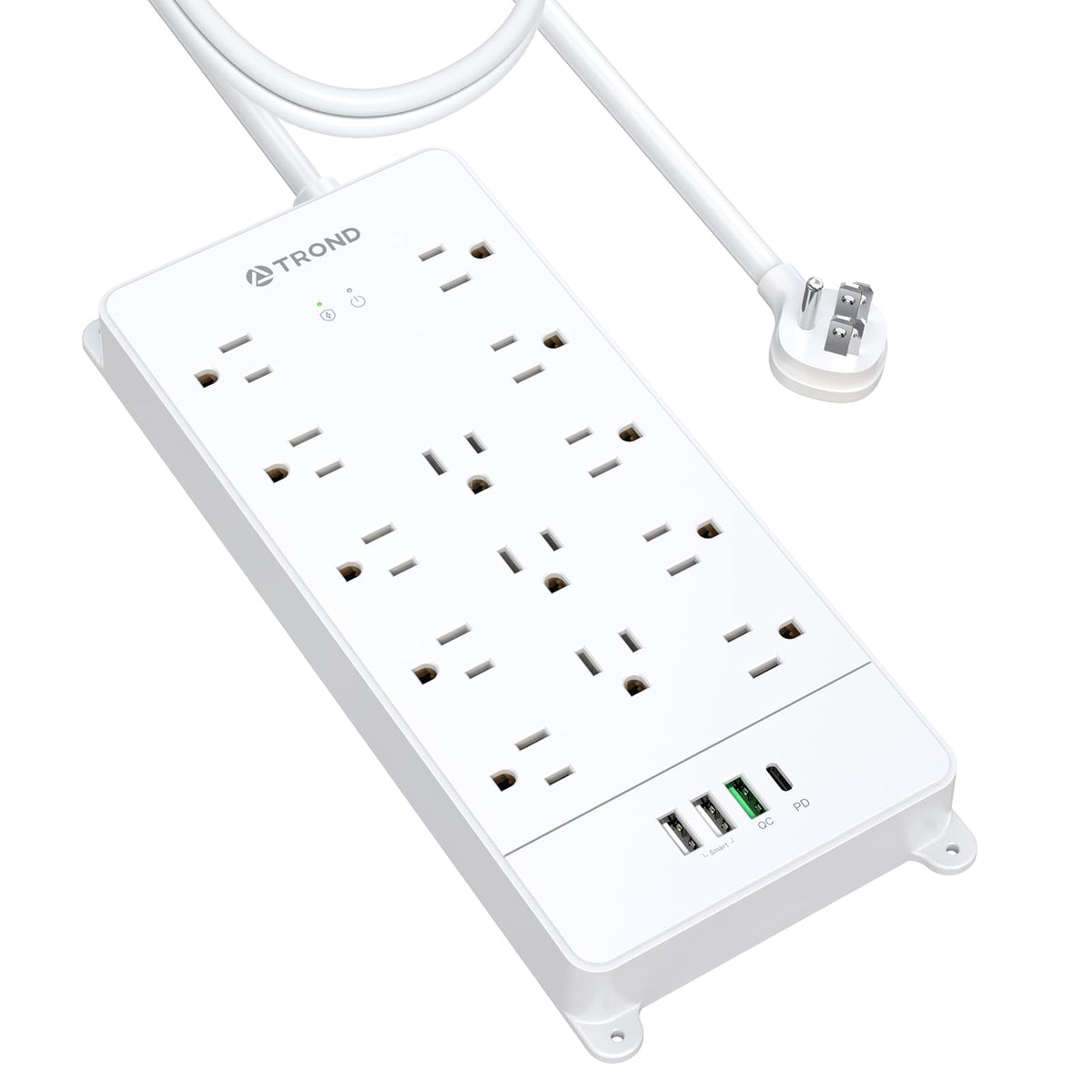 TROND power strip front view showing all 13 outlets and USB ports for organized power