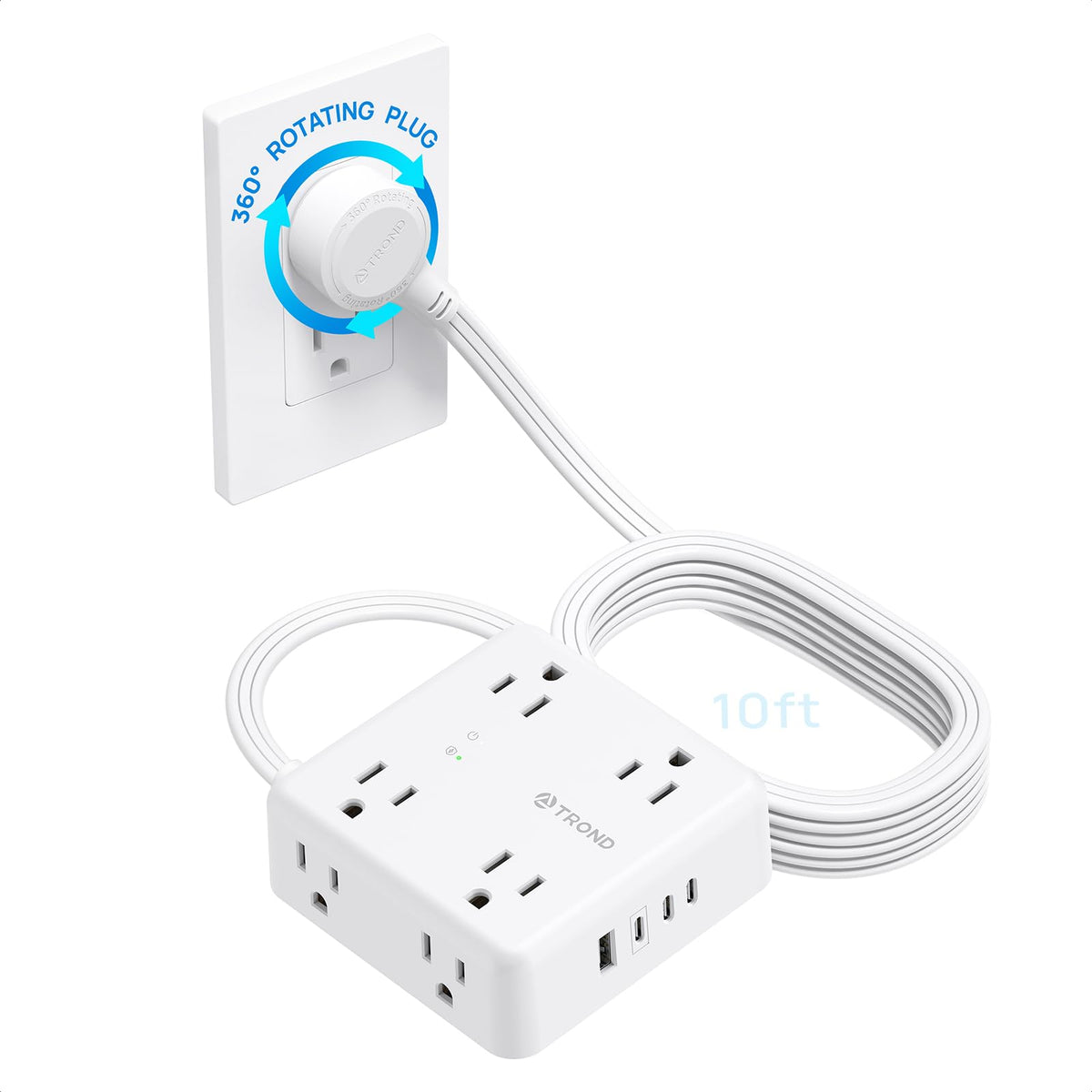 TROND front view showing eight outlets and USB ports, organized charging benefit