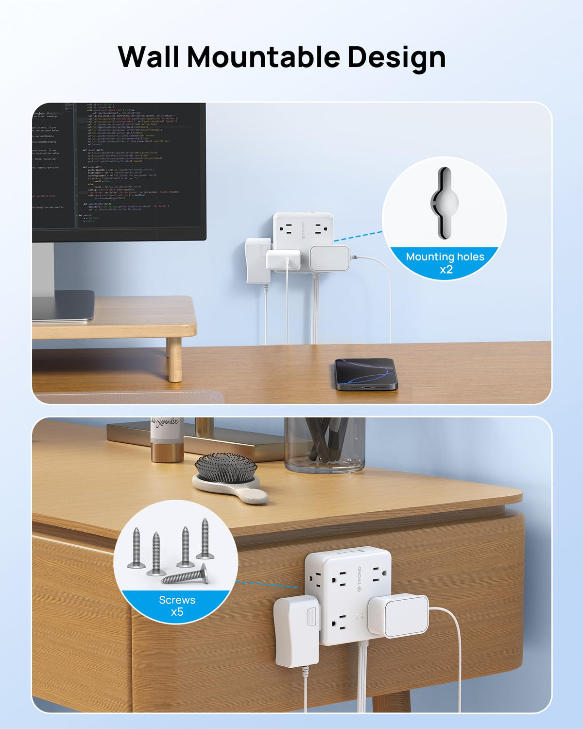 TROND mounted under desk with screws template, tidy workspace benefit