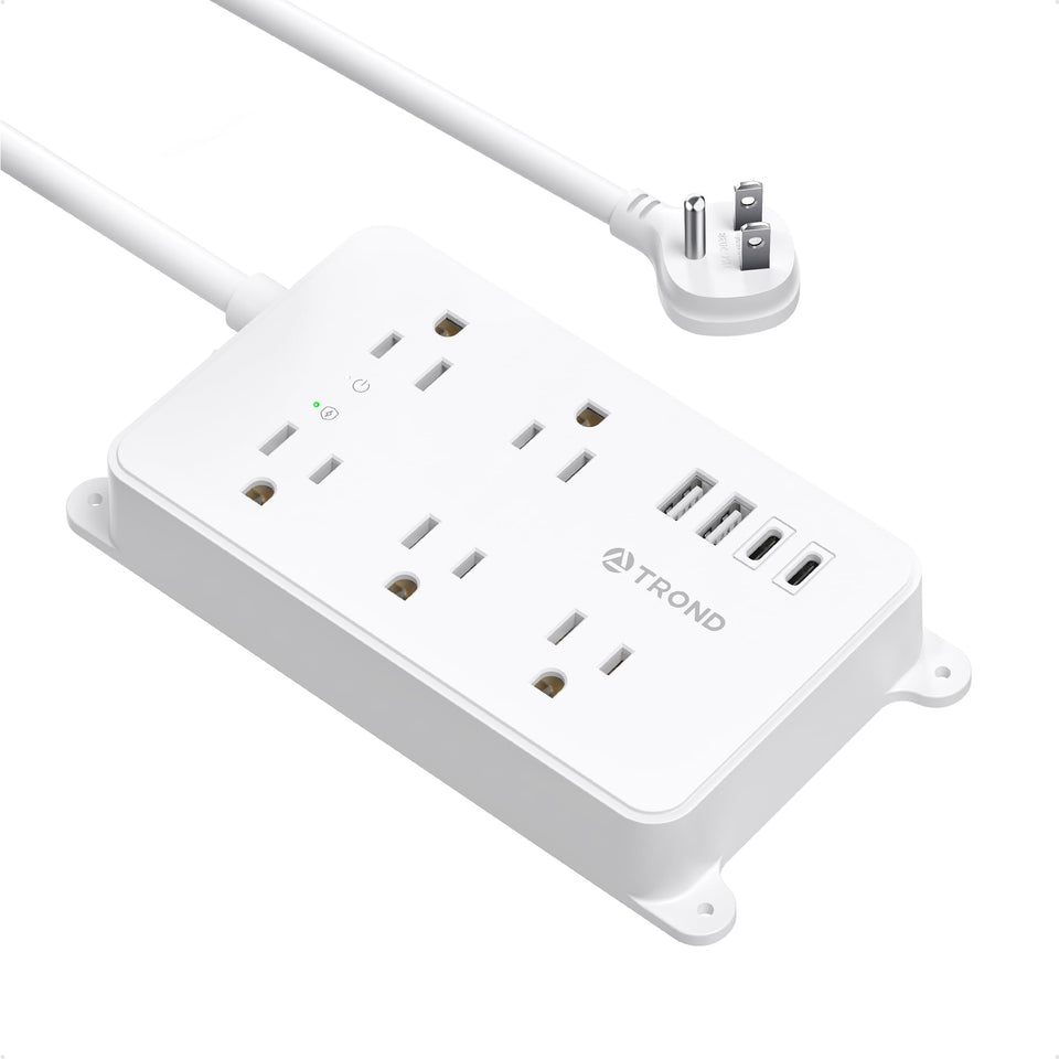 TROND power strip overview showing 5 outlets and USB ports for versatile charging.