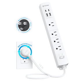 TROND power strip with rotating plug enabling flexible placement behind furniture