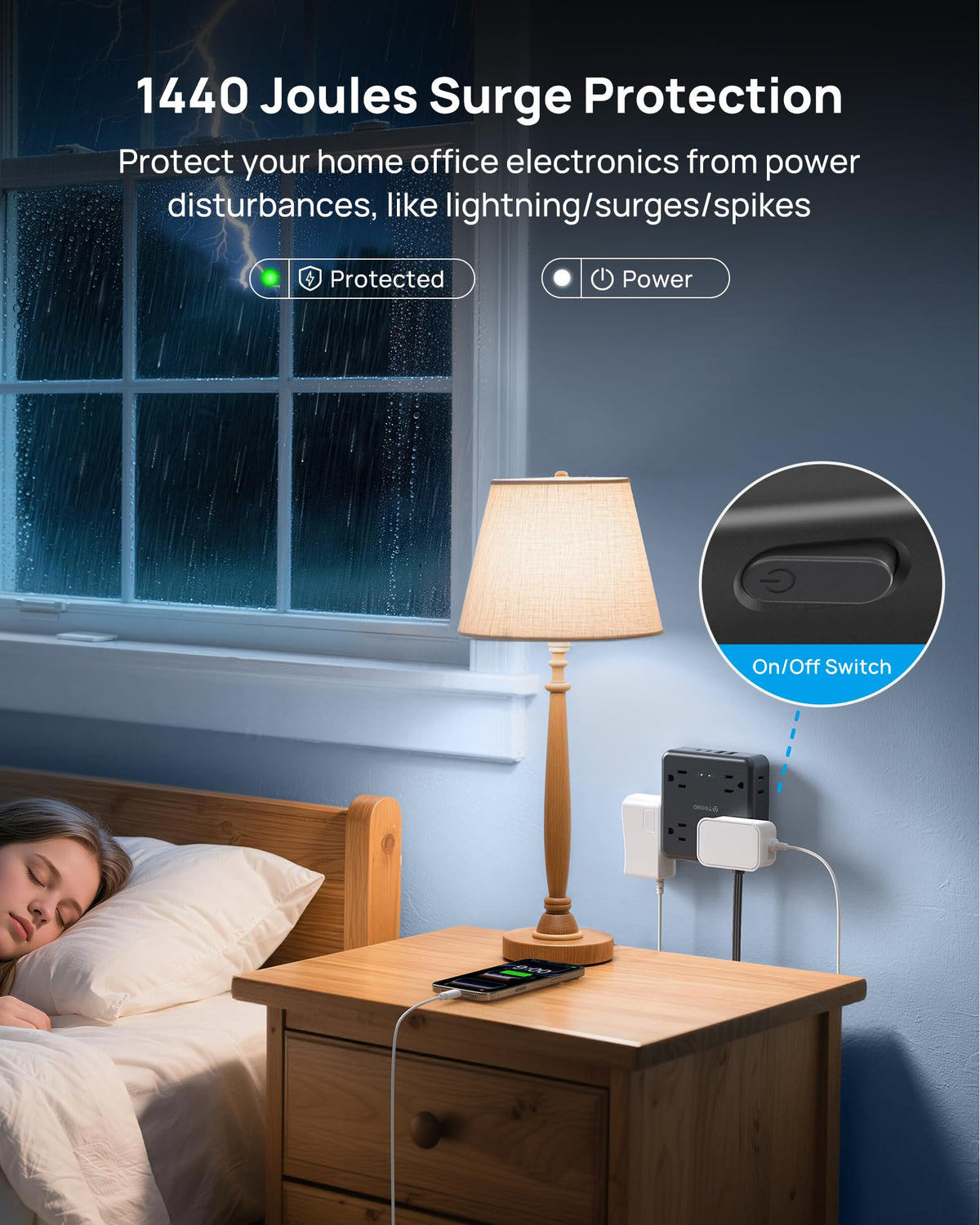 TROND Surge protection up to 1440 joules protects devices.