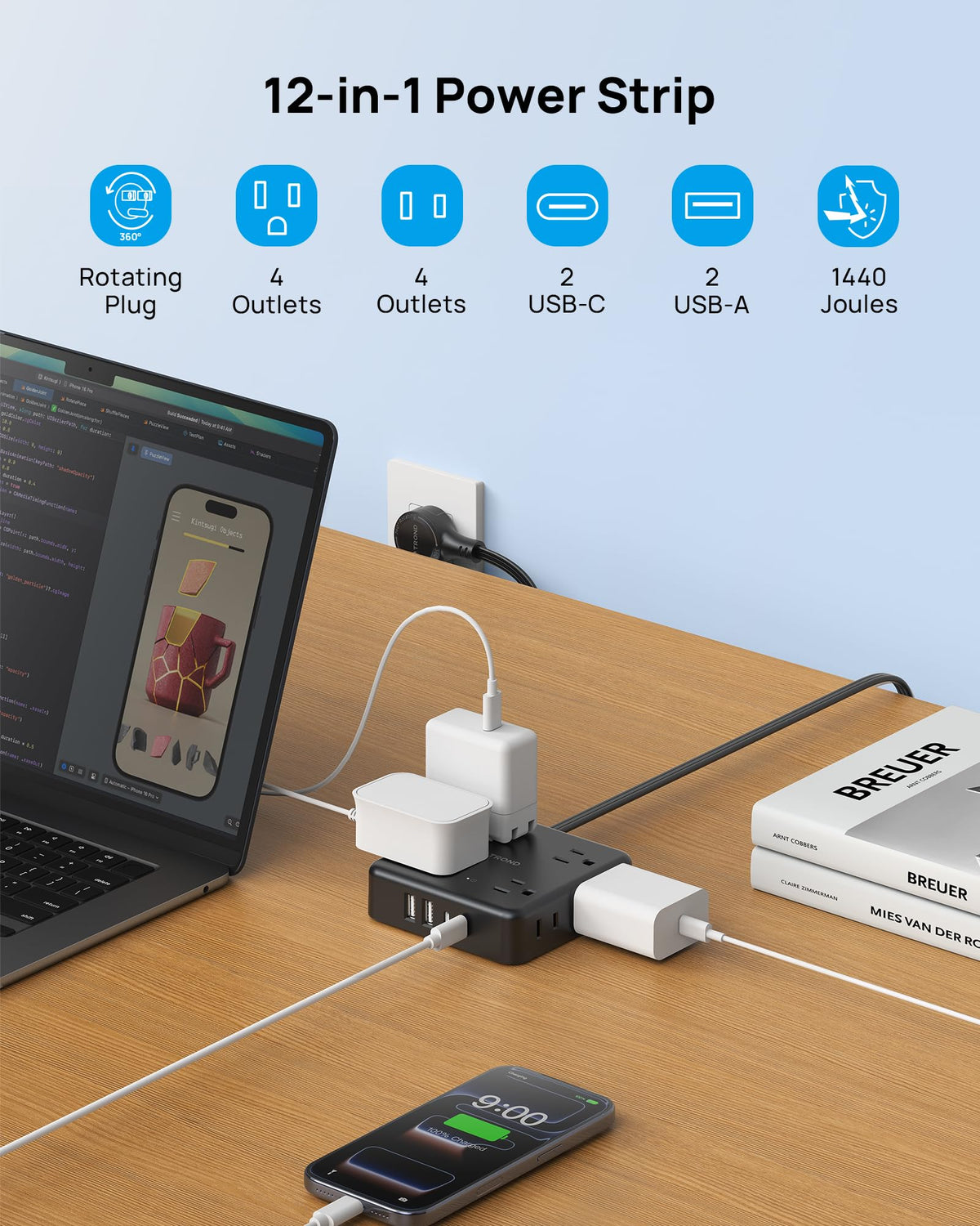 TROND Power Strip with four USB ports for simultaneous charging.