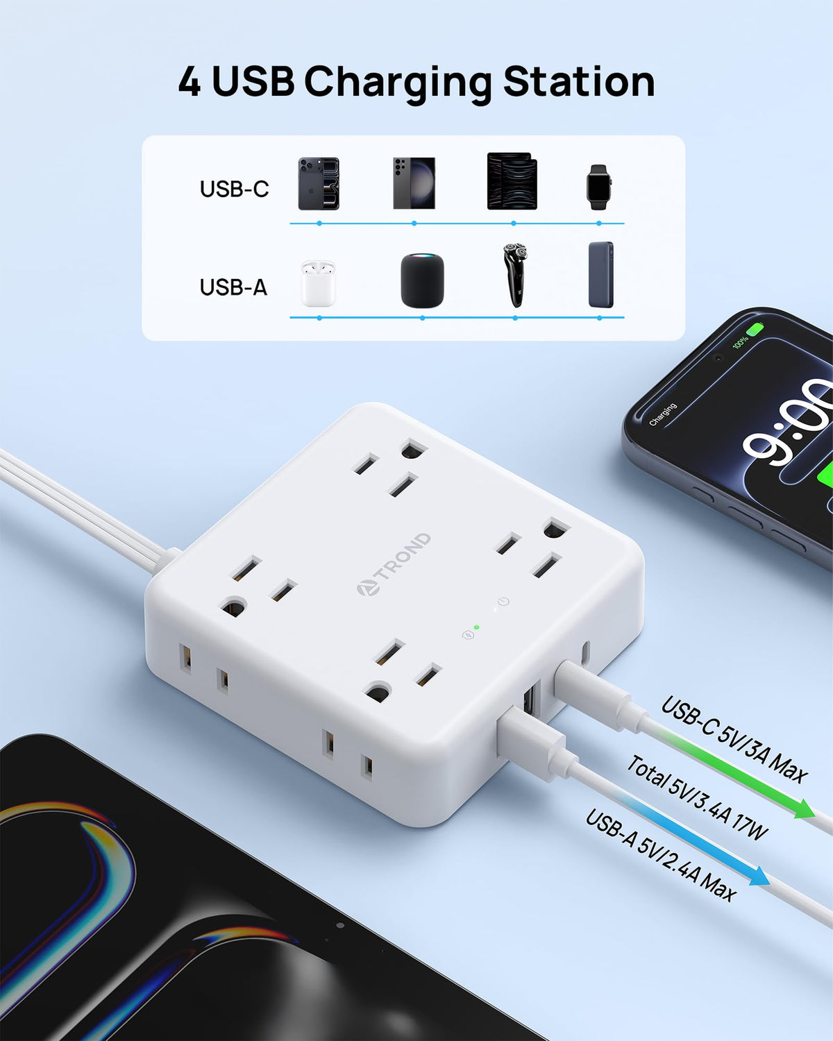 TROND wall-mount capable power strip keeping workspace tidy and accessible