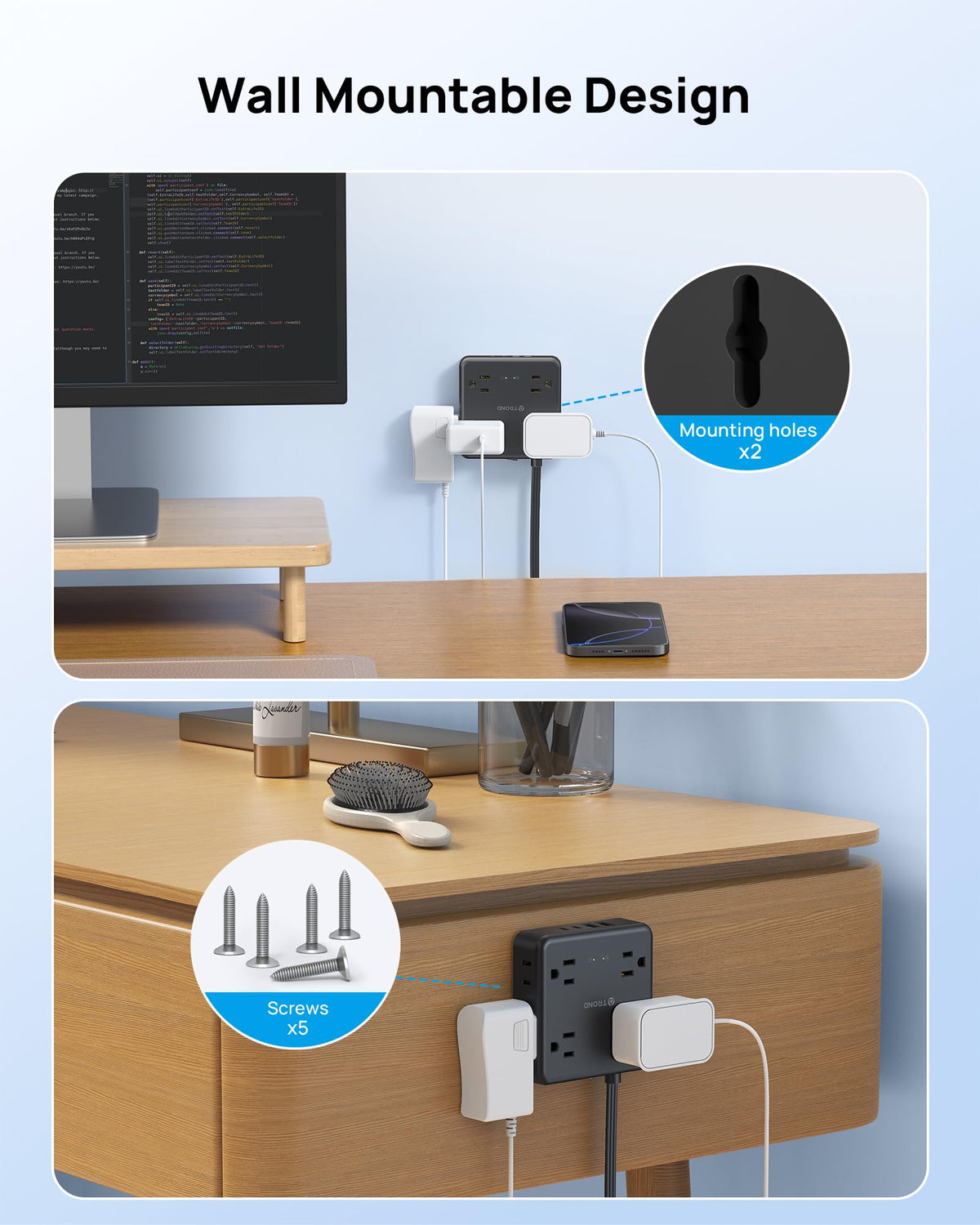 TROND Wall-mount kit enables secure desk or cabinet installation.
