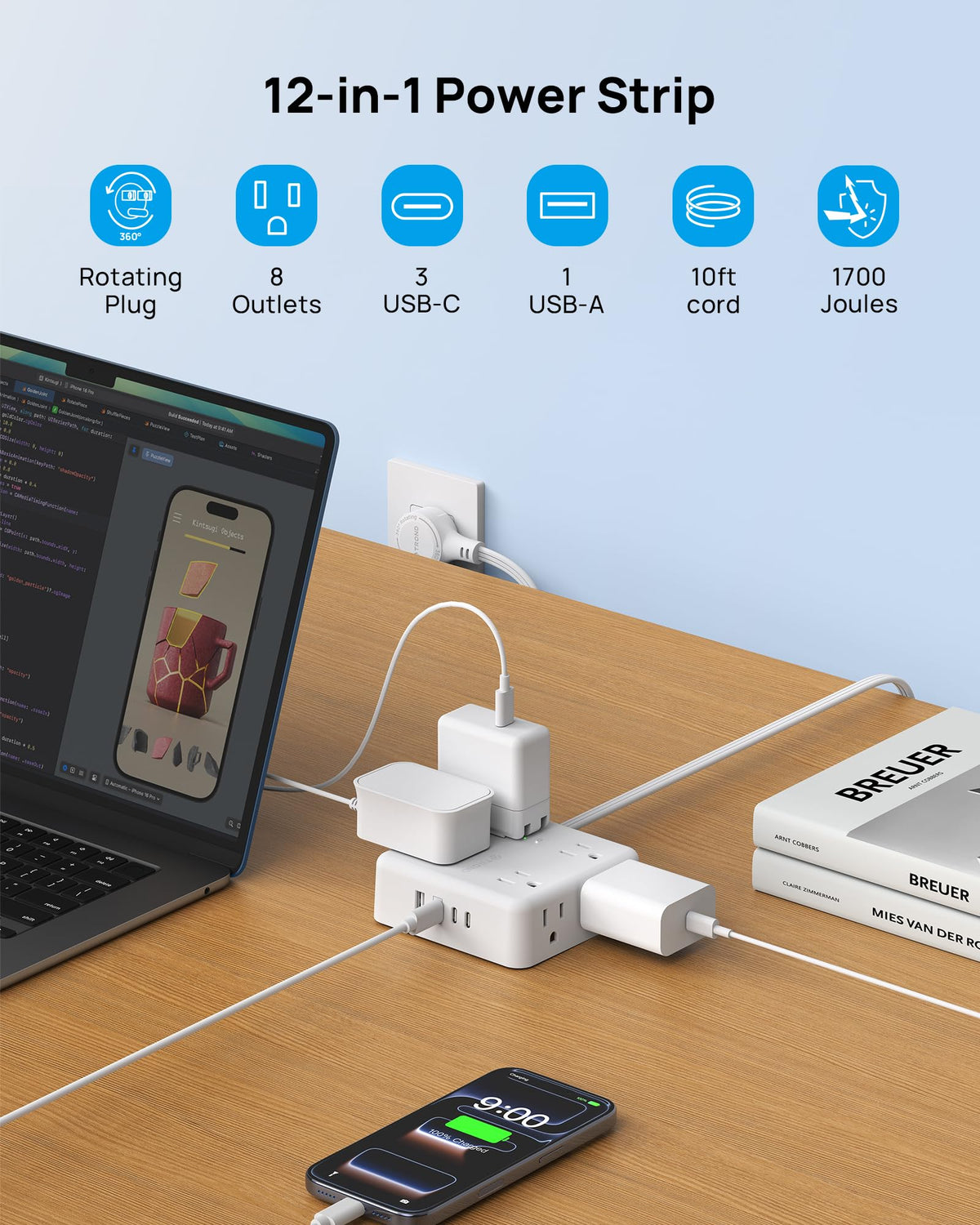 TROND close-up of widely spaced outlets accommodating bulky adapters benefit