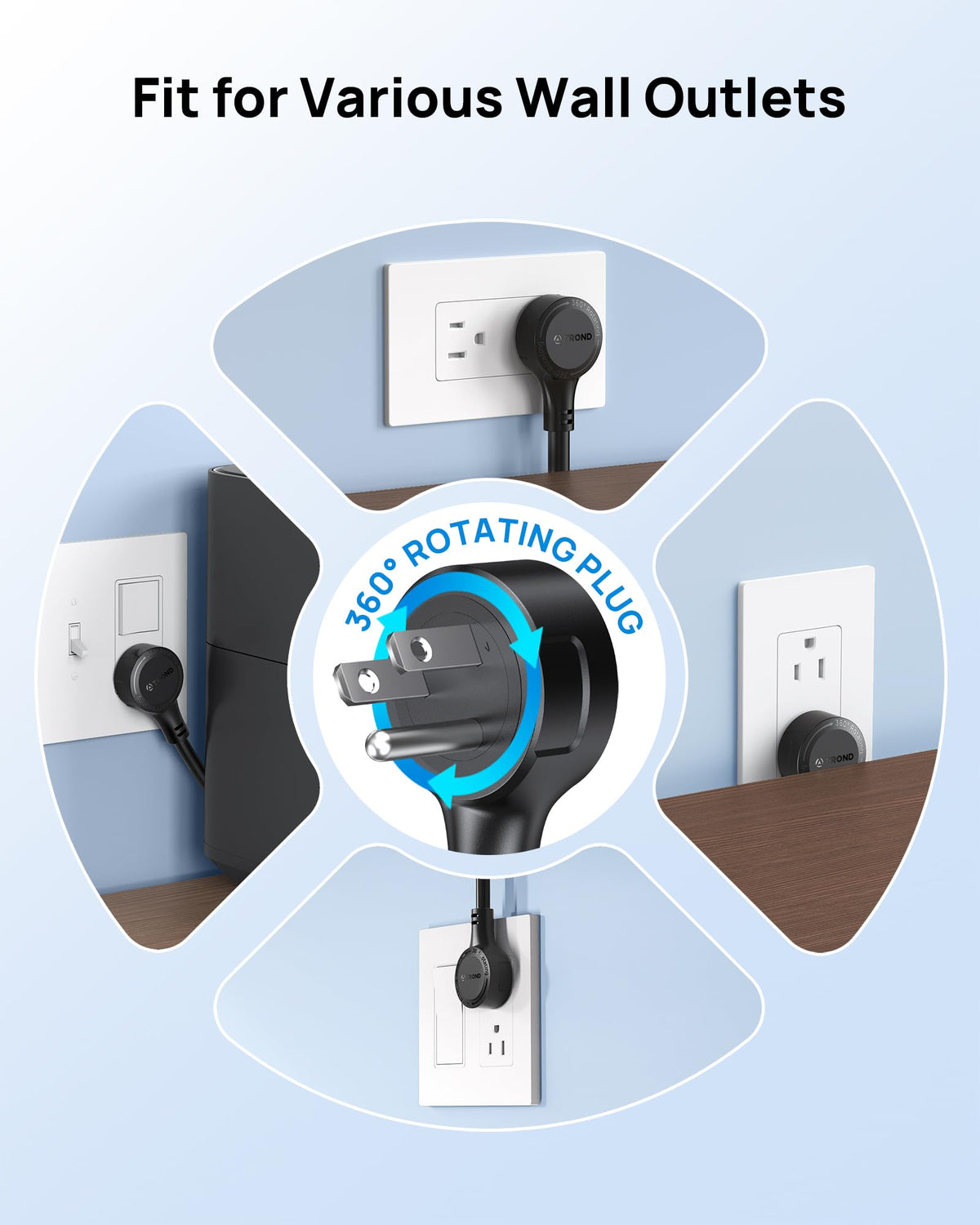 Widely spaced outlets from TROND prevent crowding of bulky adapters.