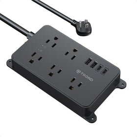 TROND power strip with wide outlets for large adapters and uncluttered desks.