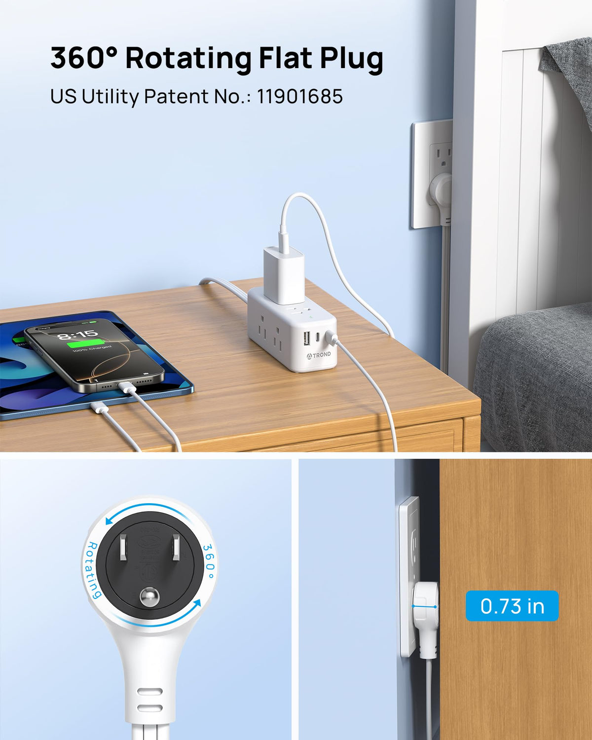 TROND power strip wide-spaced outlets support bulky adapters on a desk