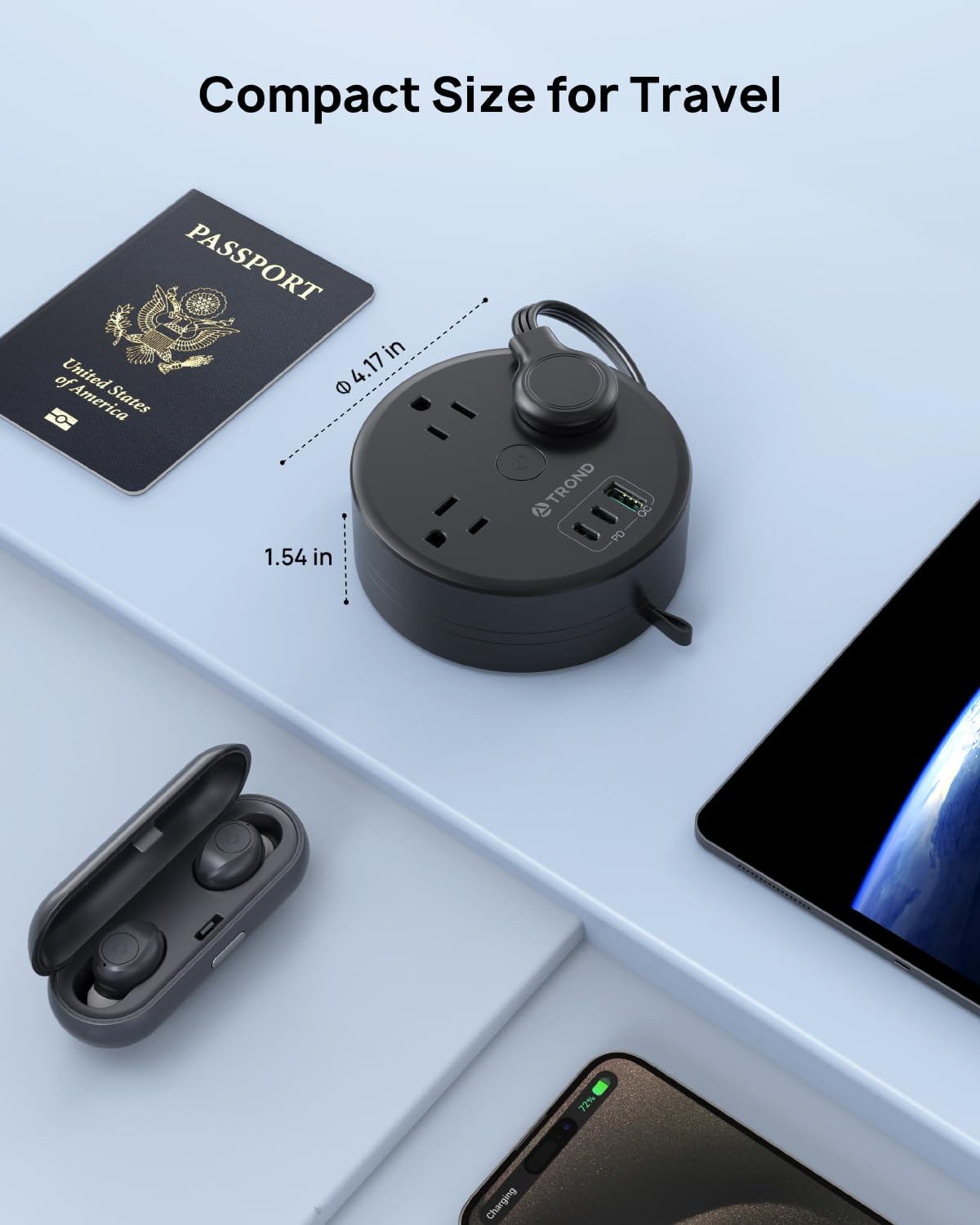 TROND retractable cord design reduces clutter on travel and in hotel rooms.