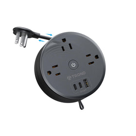 TROND retractable power strip with 3 AC outlets and USB ports keeps devices organized.