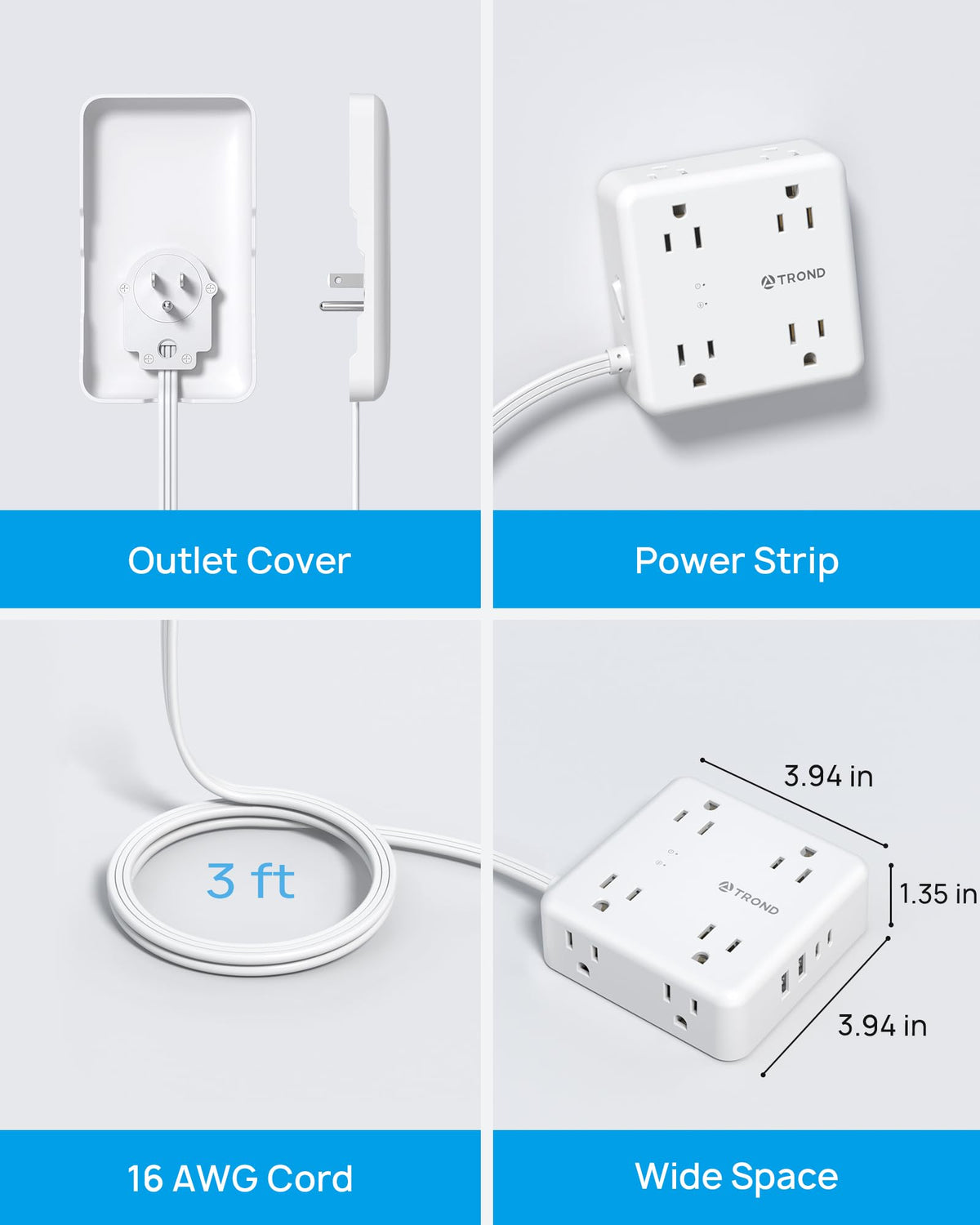 TROND right-left top outlet access preserves top outlet usability with angled plugs