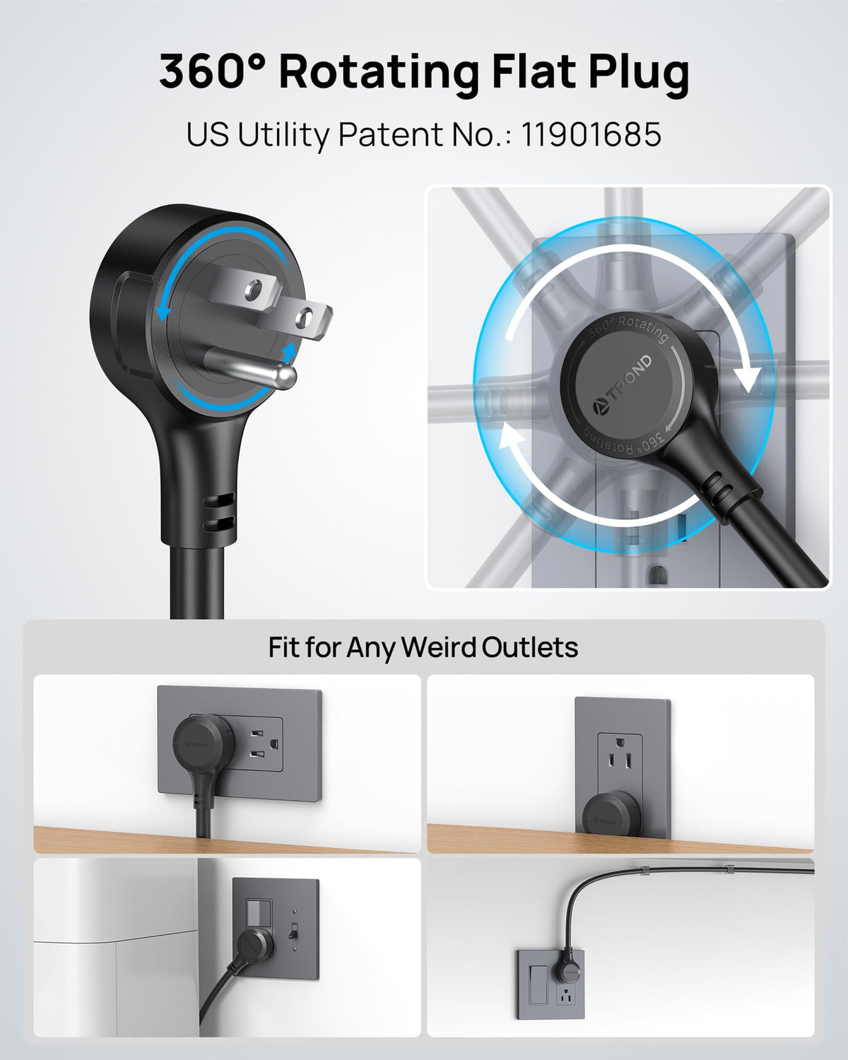 TROND close-up of 360° rotating flat plug enabling space-saving placement