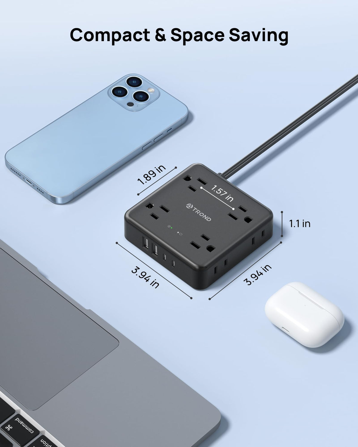 TROND power strip supports home office, dorm, and travel setups.