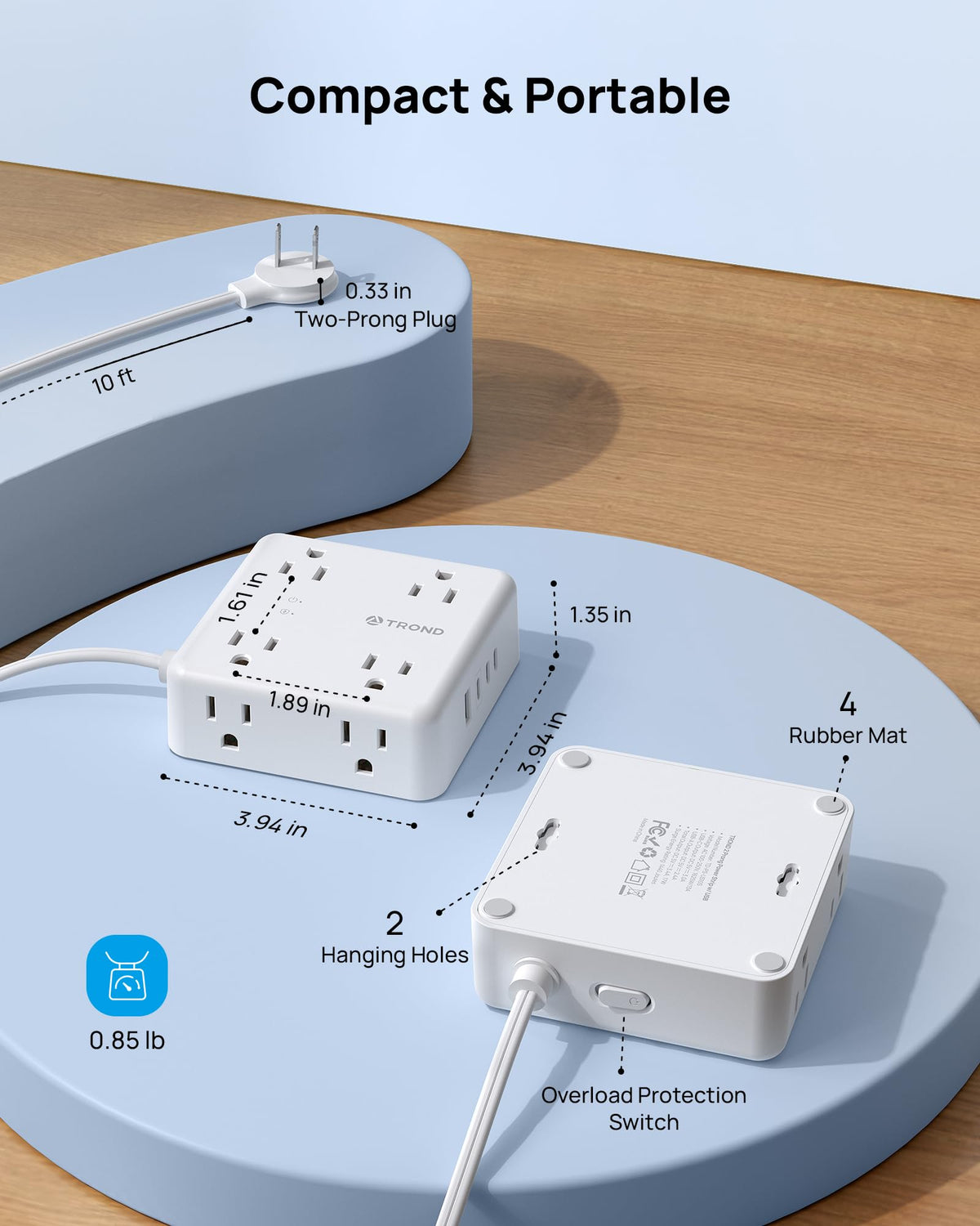 TROND held in hands for size comparison, compact footprint advantage