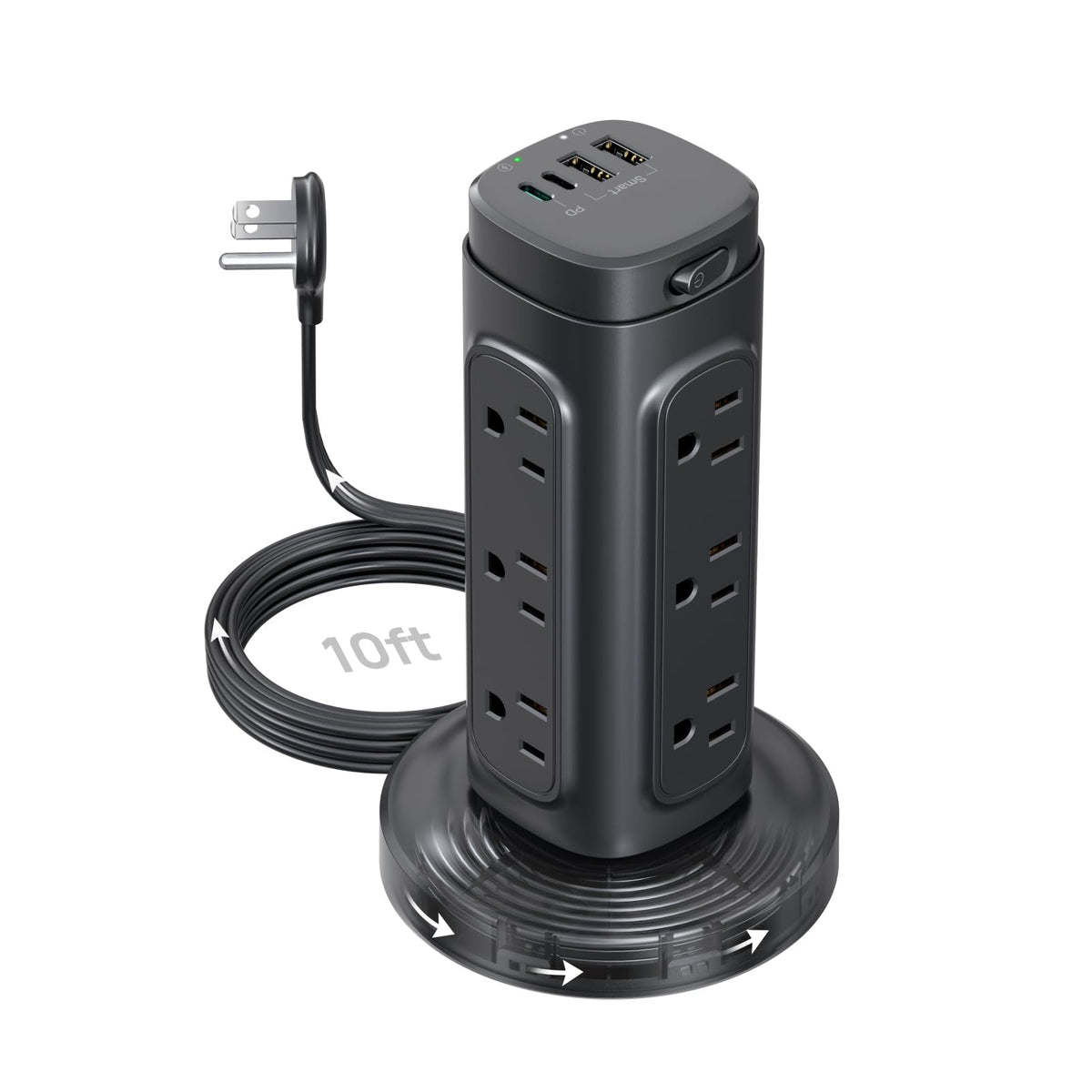 TROND semi-retractable power strip tower front view with multiple outlets for organized devices