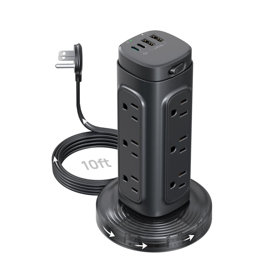 TROND semi-retractable power strip tower front view with multiple outlets for organized devices