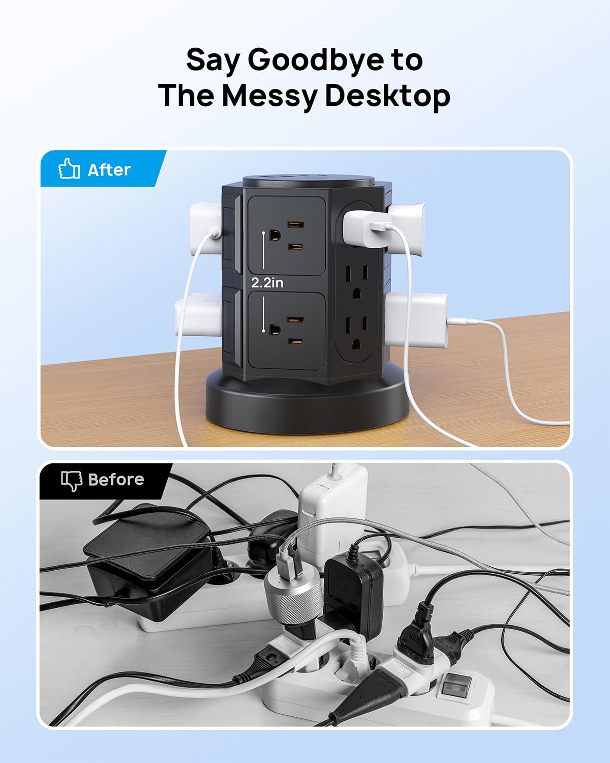 TROND side view highlighting widely spaced outlets to fit bulky adapters