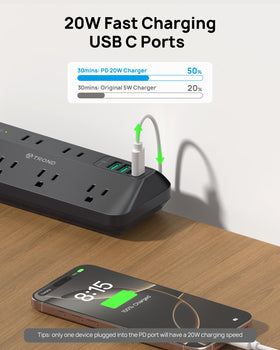 TROND six-outlet desktop power strip viewed from the side for clean setup