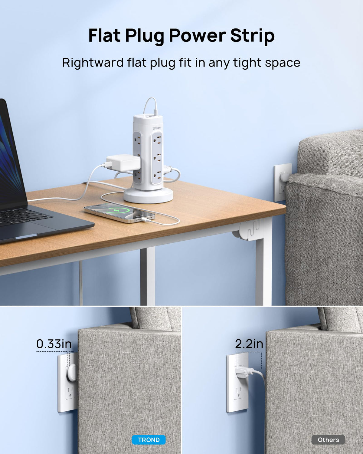 TROND size comparison on desk showing compact vertical footprint advantage