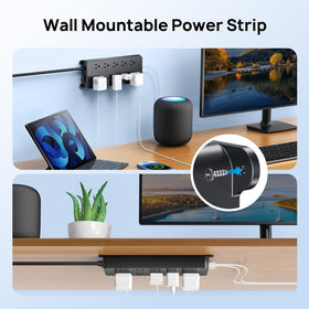 TROND power strip held in hand to show scale and heavy‑duty construction